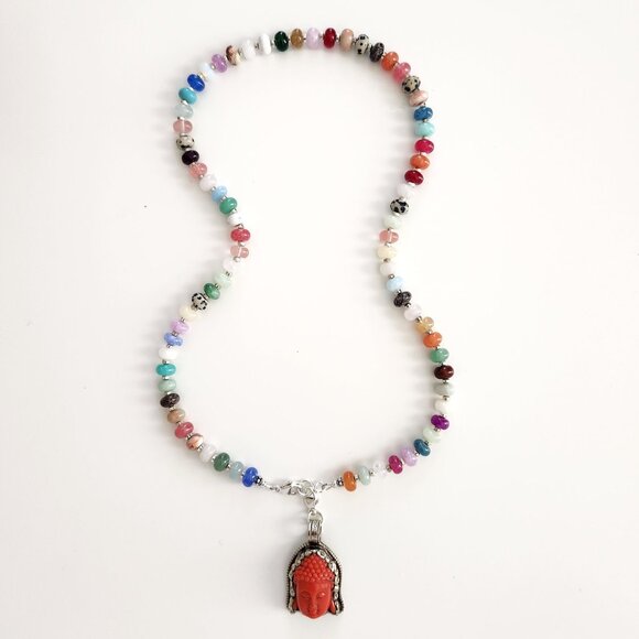 MIXED GEMSTONES & BUDDHA PENDANAT NECKLACE--22" - Picture 2 of 4